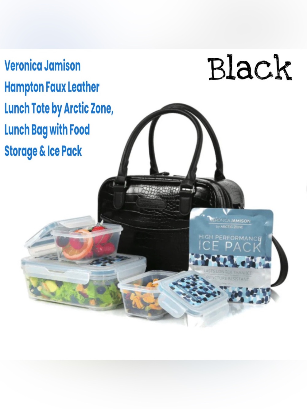 Veronica Jamison Faux Leather Lunch Tote w/Food Storage & Ice Pack NWT Black